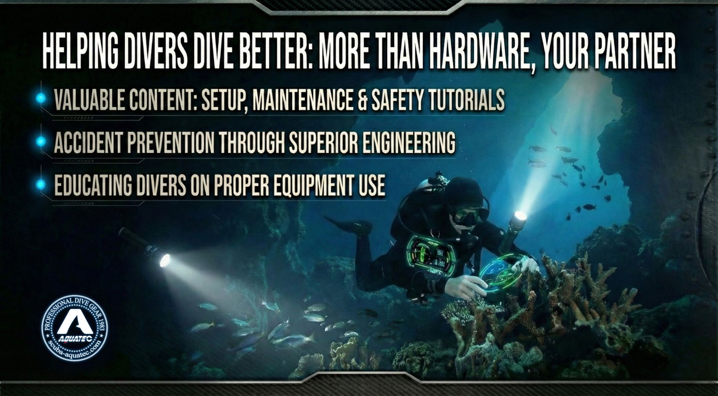 스쿠바-아쿠아텍 다이버들이 더 잘 잠수할 수 있도록 돕기 스쿠바-아쿠아텍 다이버들이 더 잘 잠수할 수 있도록 돕는 포스터, 교육 지원을 보여줍니다.