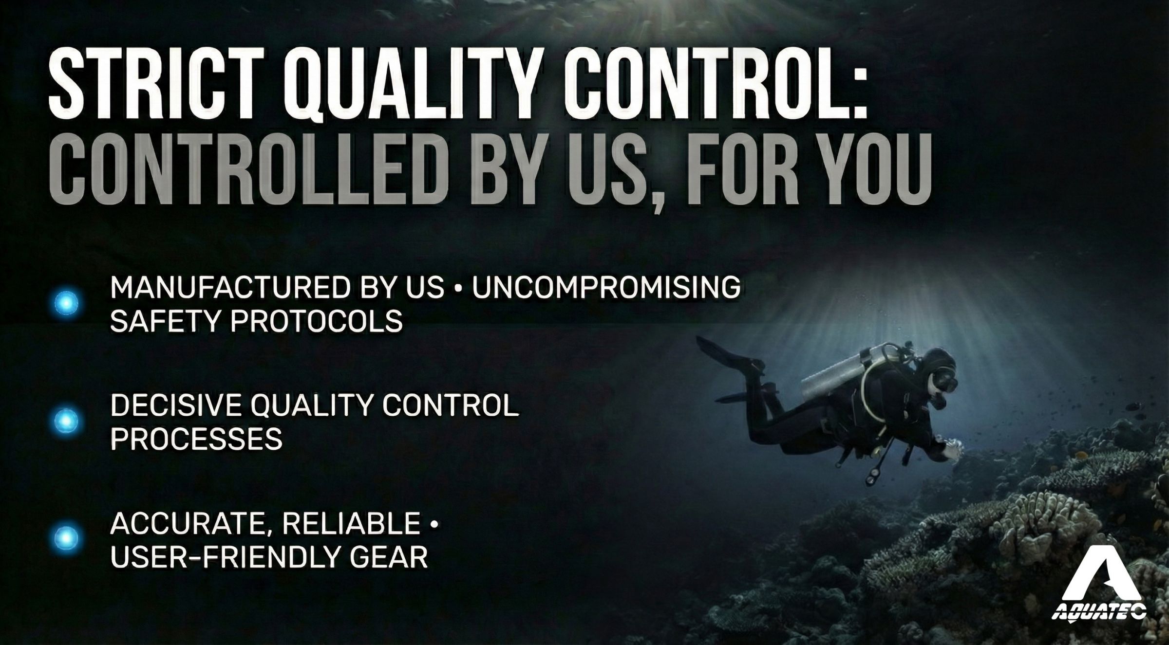 스쿠바-아쿠아텍 엄격한 품질 관리 스쿠바-아쿠아텍 엄격한 품질 관리 포스터, 안전 프로토콜을 강조합니다.