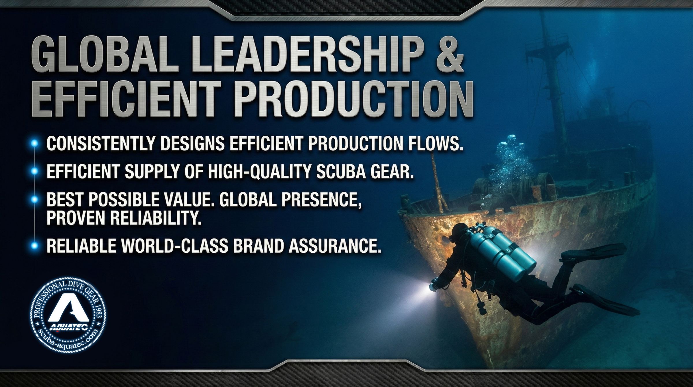 스쿠바-아쿠아텍 글로벌 리더십 & 효율적인 생산 스쿠바-아쿠아텍 글로벌 리더십 및 효율적인 생산 포스터, 글로벌 존재감을 보여줍니다.