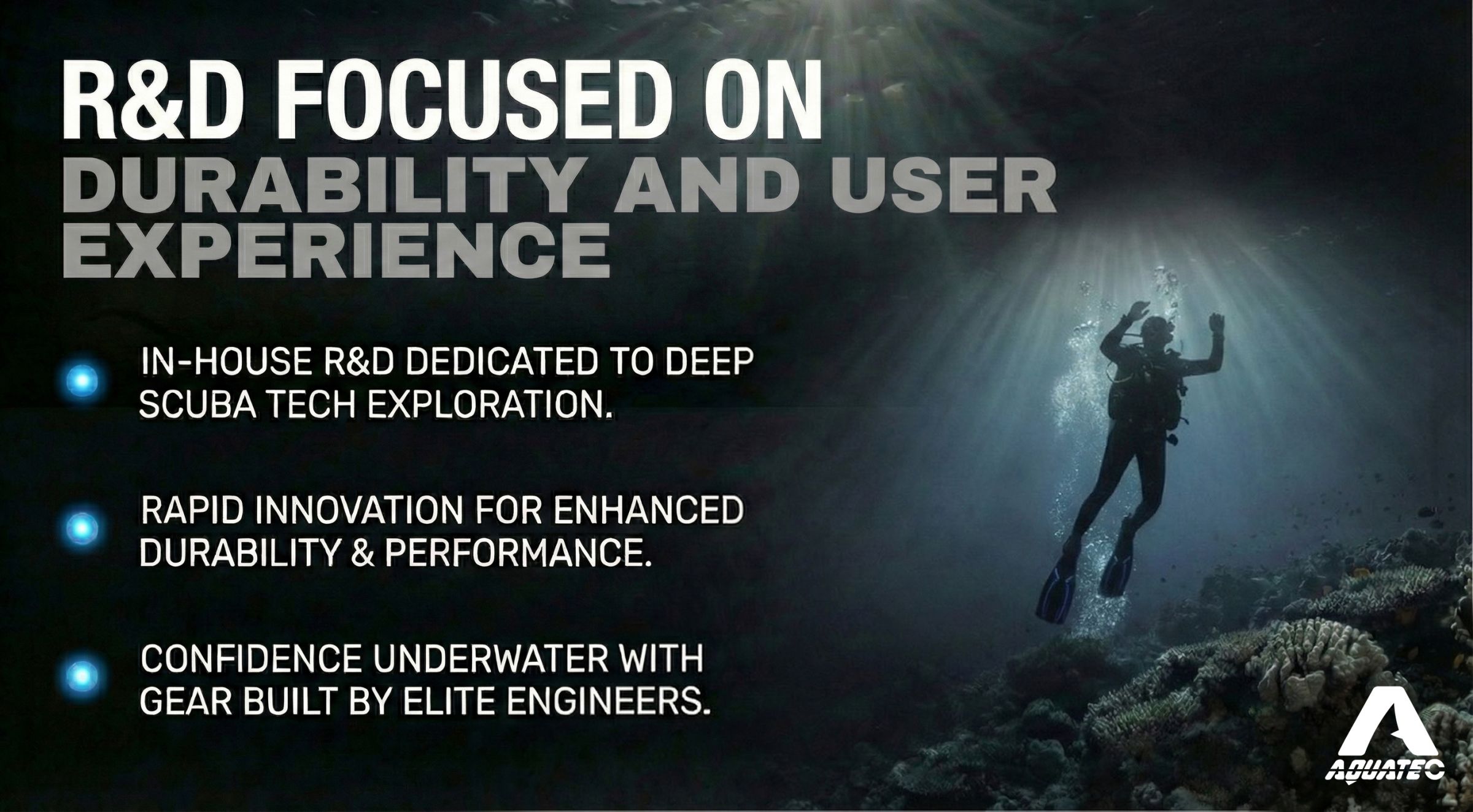 스쿠바-아쿠아텍 내구성에 중점을 둔 연구개발 스쿠바-아쿠아텍 내구성에 중점을 둔 연구개발 포스터, 혁신을 강조합니다.