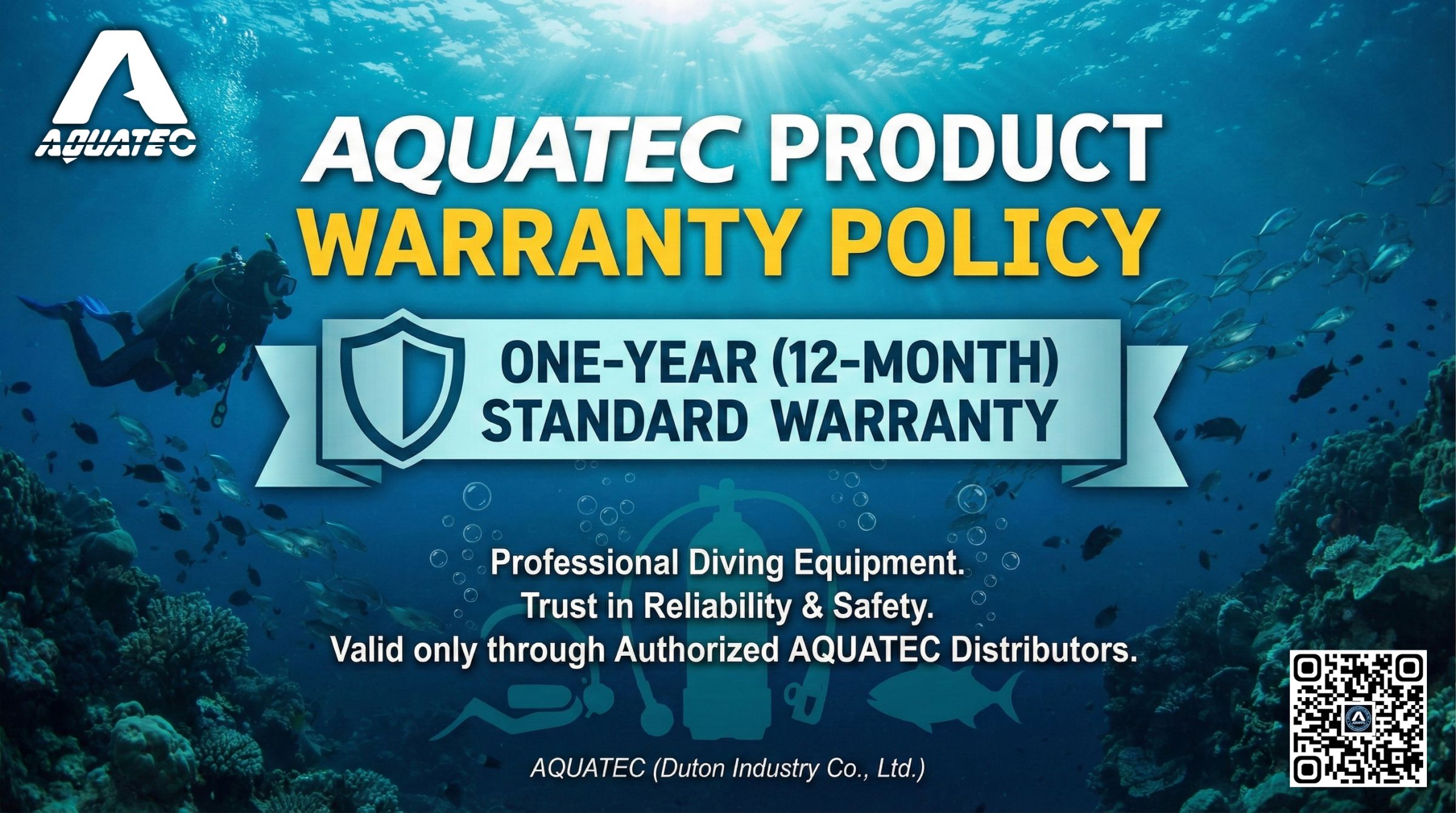 AQUATEC politika záruky na produkty, pozadí tvoří potápěč a korálový útes, zdůrazňuje standardní záruku na profesionální potápěčské vybavení na jeden rok (12 měsíců).
