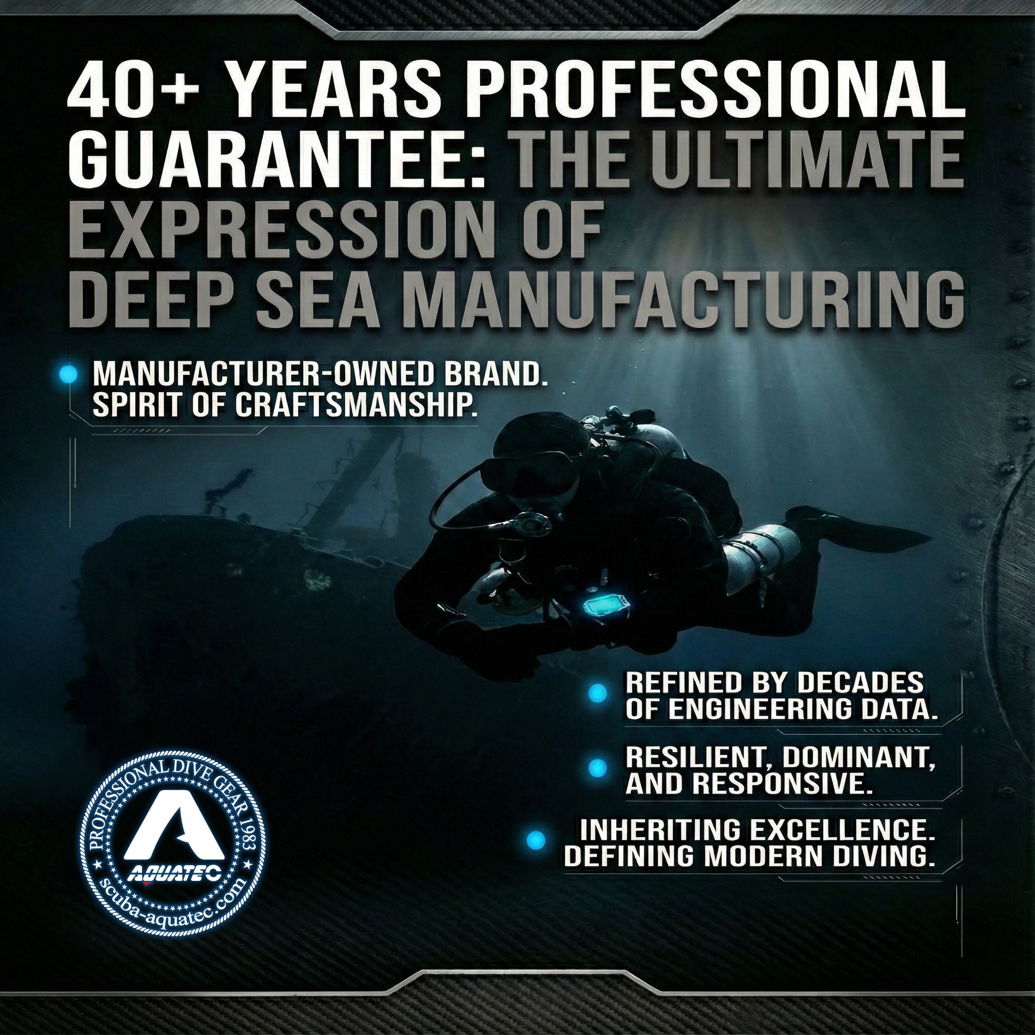 스쿠바-아쿠아텍 40년 이상의 전문 보증 스쿠바-아쿠아텍 40년 이상의 전문 보증 포스터, 기술 다이버의 실루엣이 특징입니다.