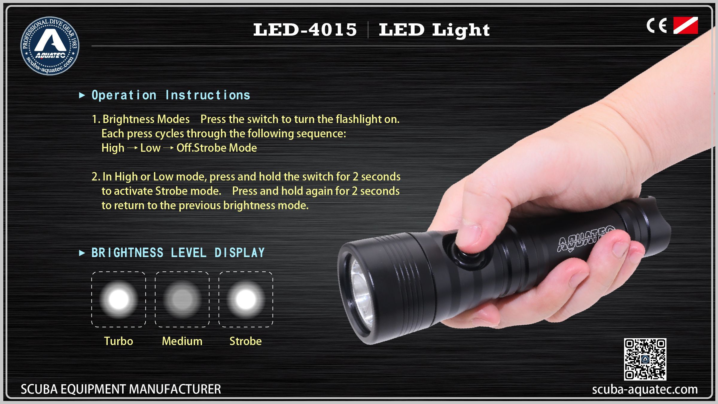AQUATEC LED-4015 DeepSeeker স্কুবা লাইট 1500 লুমেন উজ্জ্বলতা একুয়াটেক এলইডি-৪০১৫ ডীপসিকার স্কুবা লাইট লুমিনাস এসএসটি৪০ এলইডি সোর্স