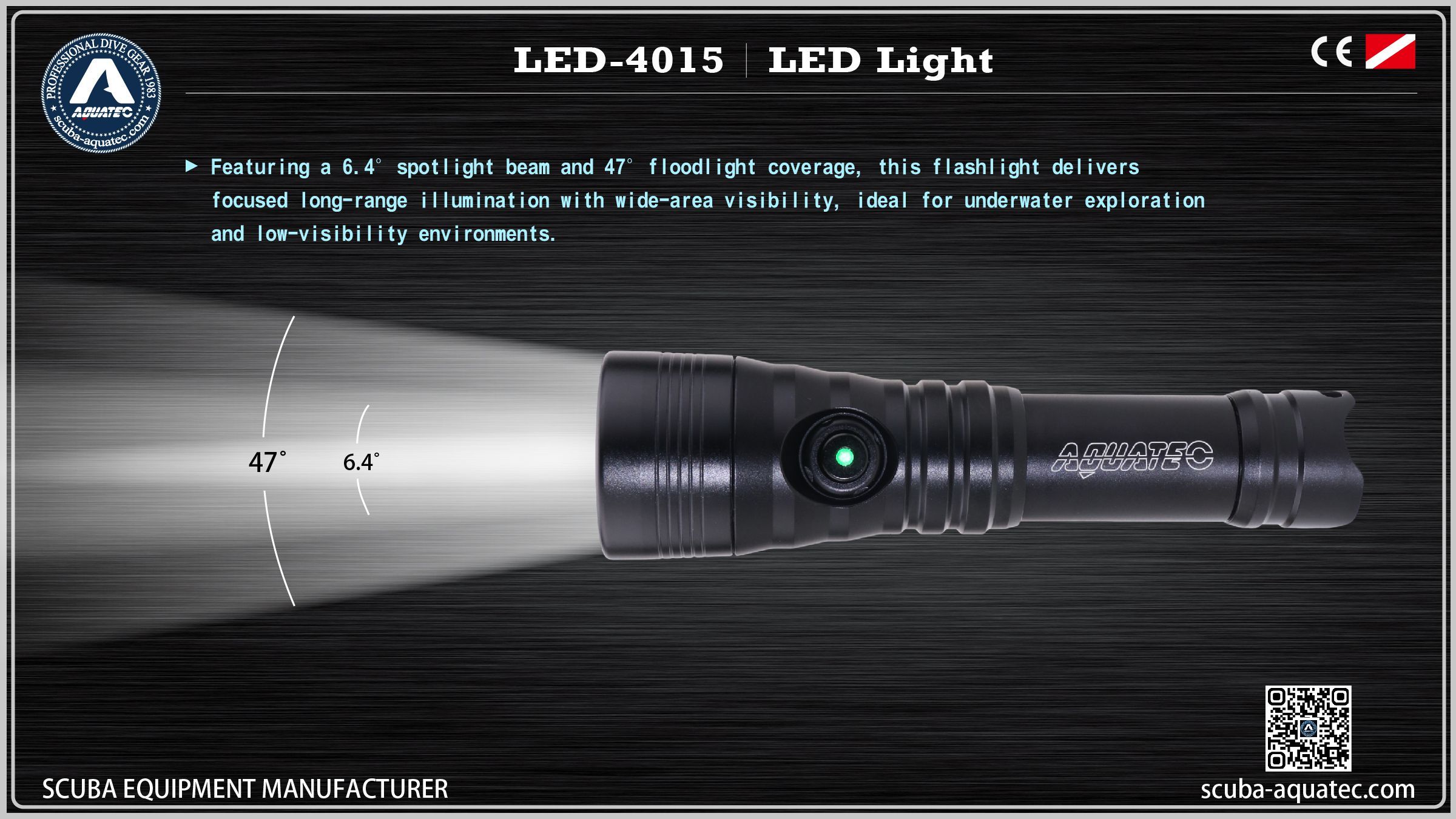 AQUATEC LED-4015 ডীপসিকার স্কুবা লাইট মিলিটারি গ্রেড হার্ড অ্যানোডাইজড ফিনিশ AQUATEC LED-4015 DeepSeeker স্কুবা লাইট এয়ারক্রাফট-গ্রেড অ্যালুমিনিয়াম Al T6061-T6