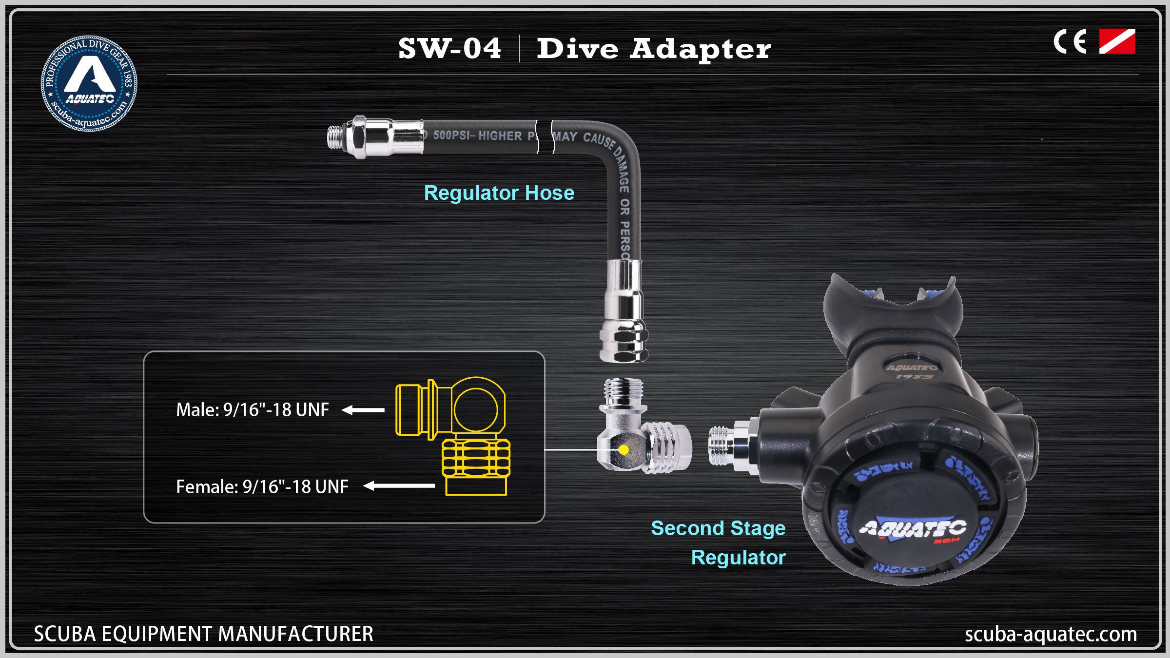 AQUATEC SW-04 90 fokos búvárszabályozó forgatható adapter több szögből készült termékfotók és súly Több szögből készült termékfotók és 49,5 g nettó súly specifikáció az AQUATEC SW-04 90 fokos második fokozatú szabályozó forgatható adapterhez.