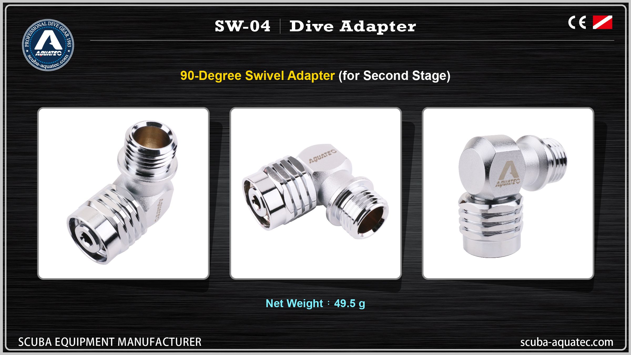 AQUATEC SW-04 90 fokos búvárszabályozó forgatható adapter jellemzői és előnyei AQUATEC SW-04 90 fokos búvárszabályozó forgatható adapter, amely kiemeli a tömlővezetés optimalizálását, a szájfáradás csökkentését és a korrózióálló kialakítást.