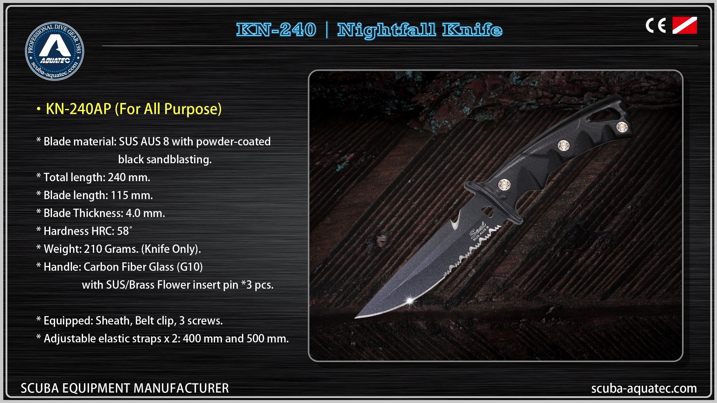KN-240AC Висококласна Хромова Серія Ніж для занурення AQUATEC KN-240AC з хромованим лезом та ручкою G10