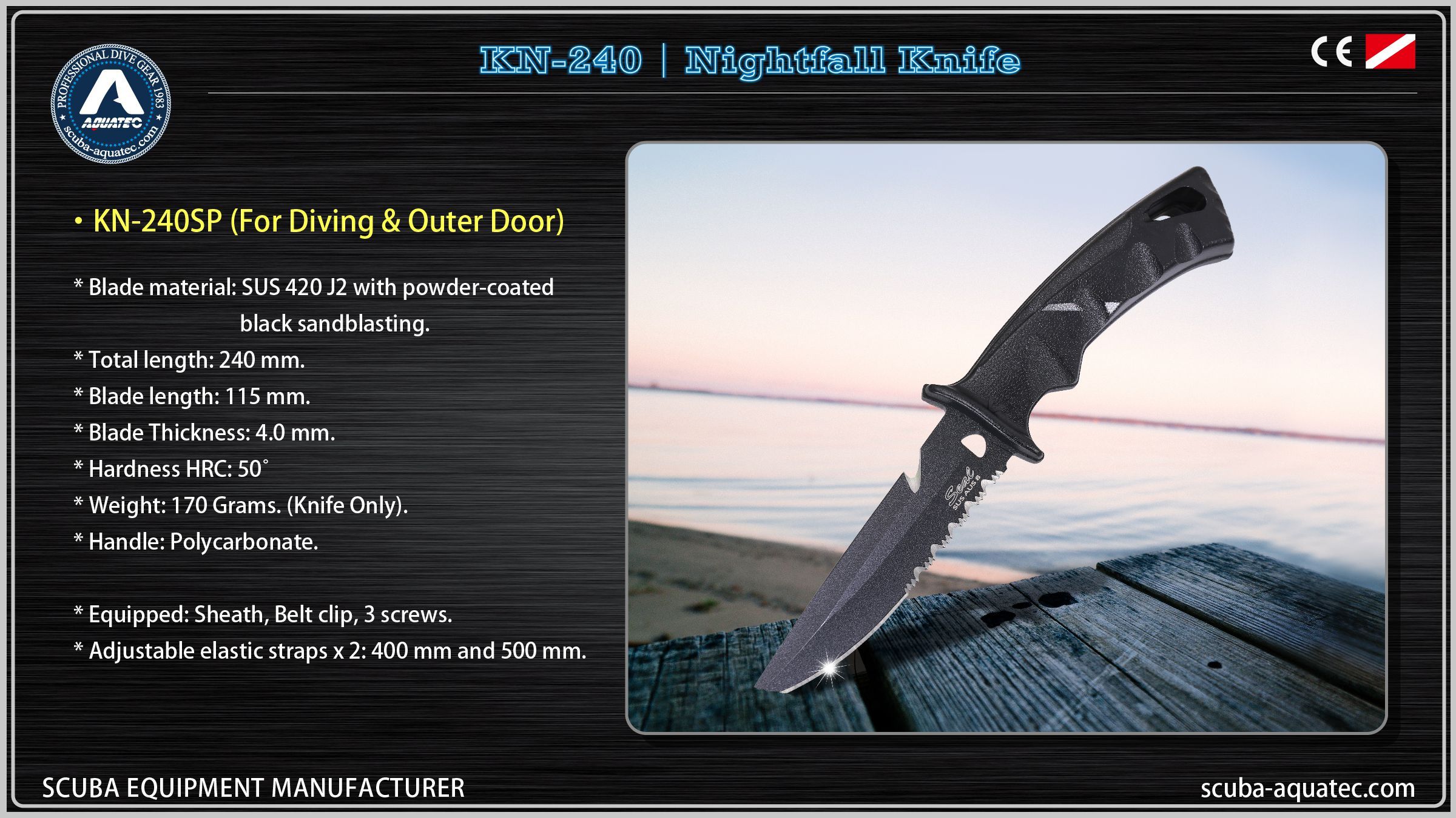 Структурний Вид KN-240SP Структура тактичного ножа для занурення AQUATEC KN-240SP матового чорного кольору