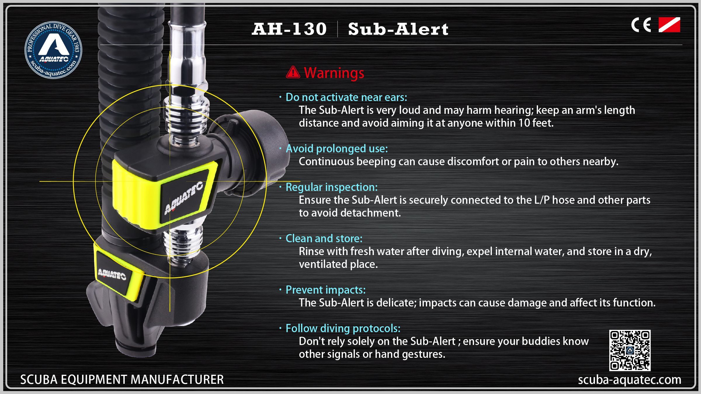 SCUBA AQUATEC Dispositivo di segnalazione in superficie ultra-rumoroso AH-150 Dive Alert DB SCUBA AQUATEC Allerta Immersione Plus DV2 AH-150