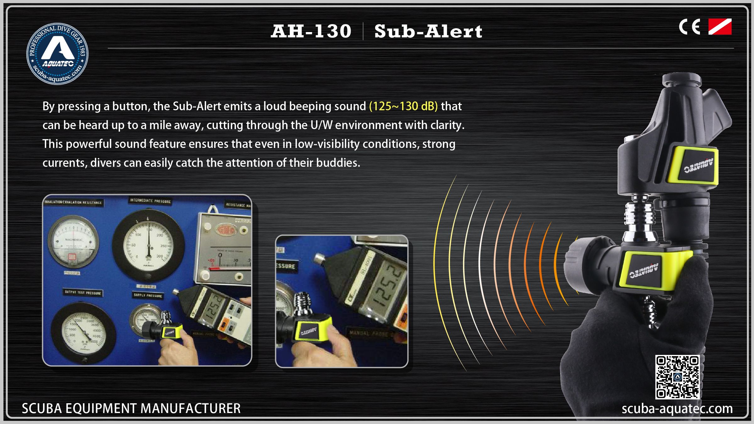 Dispositivo di segnalazione subacqueo e in superficie a doppia funzione Aquatec-AH-130 AQUATEC-AH-130-Sub-Alert-130dB-Test-Suono-Livello-Decibel