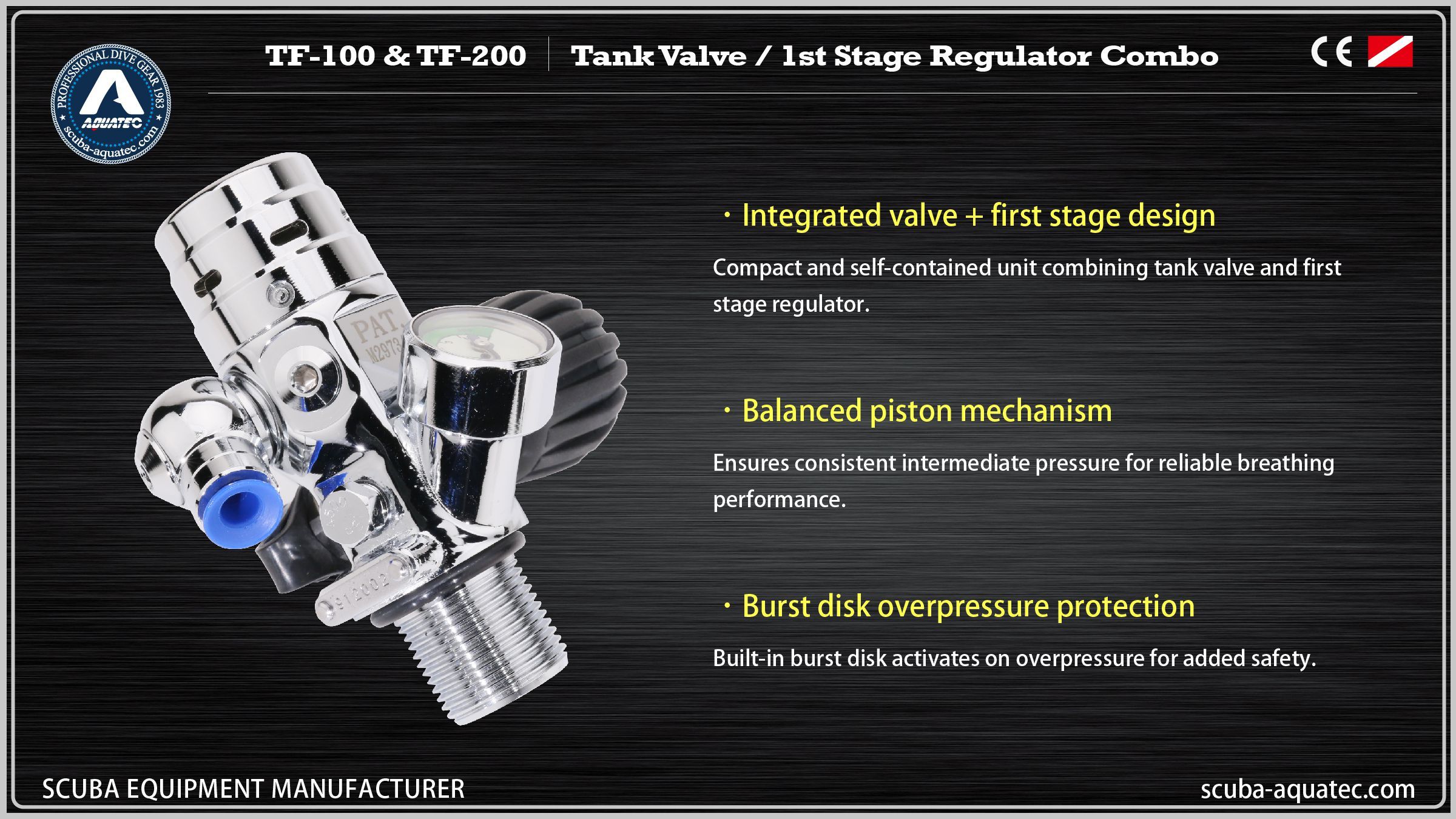 Aquatec TF-100 और TF-200 एकीकृत रेगुलेटर वाल्व स्कूबा पहले चरण का रेगुलेटर Aquatec TF-100 और TF-200 एकीकृत रेगुलेटर वाल्व स्कूबा उच्च दबाव रेगुलेटर