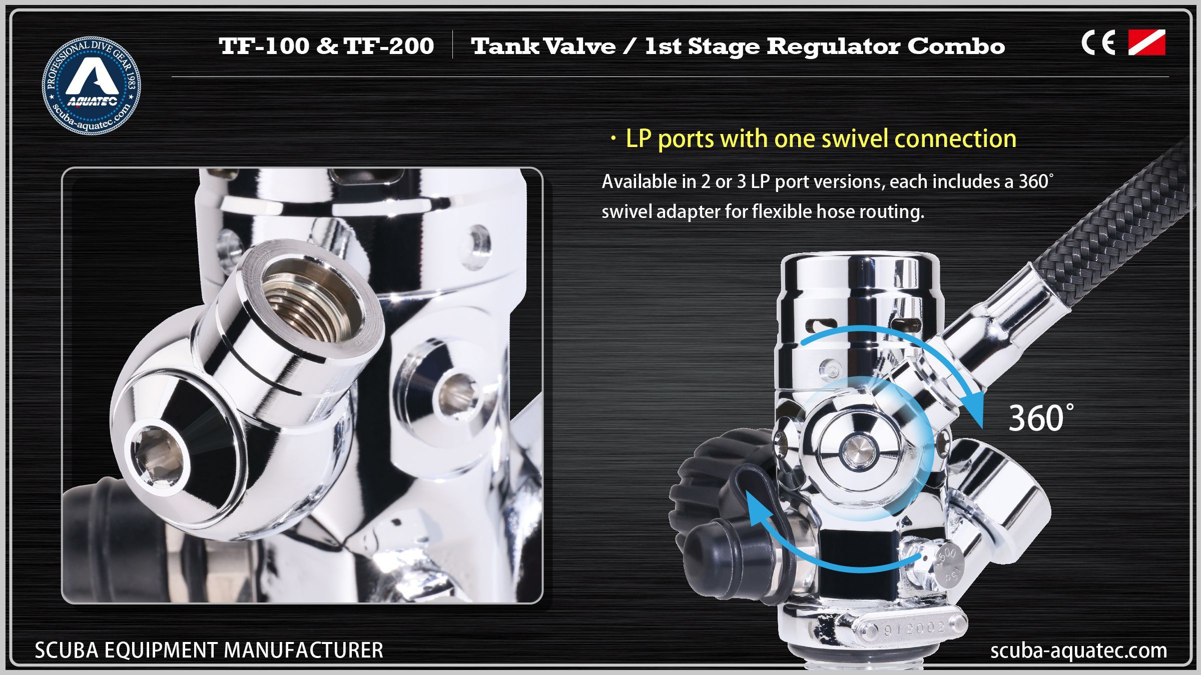 Aquatec TF-100 और TF-200 एकीकृत रेगुलेटर वाल्व स्कूबा प्रेशर रेगुलेटर Aquatec TF-100 और TF-200 एकीकृत रेगुलेटर वाल्व स्कूबा बिल्ट-इन प्रेशर गेज